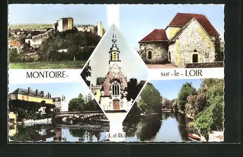 AK Montoire-sur-le-Loir, Panorama, Flusspartie und Kirche