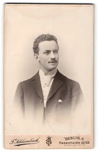 Fotografie F. Schloenbach, Berlin-S, Portrait junger Herr im Anzug mit Krawatte und Schnurrbart
