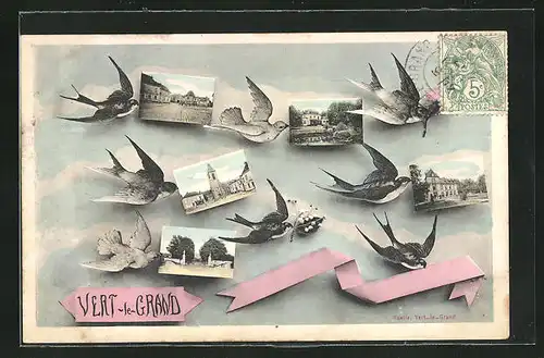 Passepartout-AK Vert-le-Grand, Schwalben mit Ansichten auf Postkarten