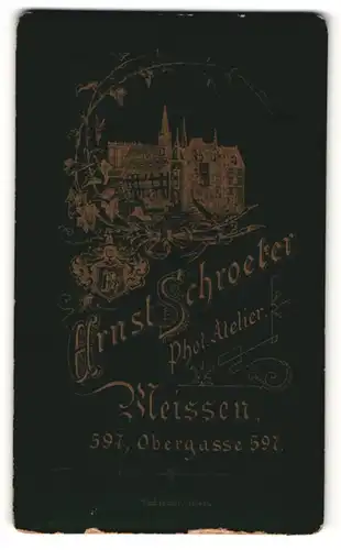 Fotografie Ernst Schroeter, Meissen, rückseitige Ansicht Meissen, Albrechtsburg, vorderseitig Portrait Herr