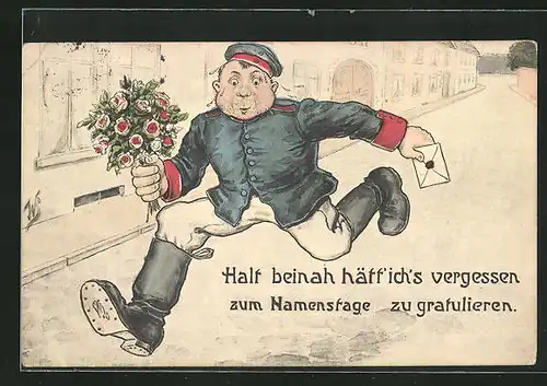 Künstler-AK Willi Scheuermann: Soldat in Uniform mit Blumen und Kuvert, Glückwunsch zum Namenstag
