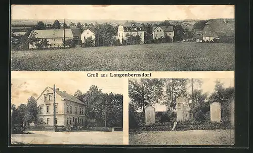 AK Langenbernsdorf, Konfektionsgeschäft Alfred Liebold, Kriegerdenkmal