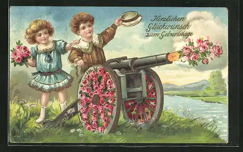 AK Junge lässt Blumen aus der Kanone schiessen, Glückwunsch zum Geburtstag!