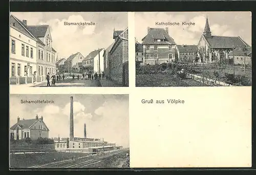 AK Völpke, Bismarckstrasse, Katholische Kirche und Schamottefabrik