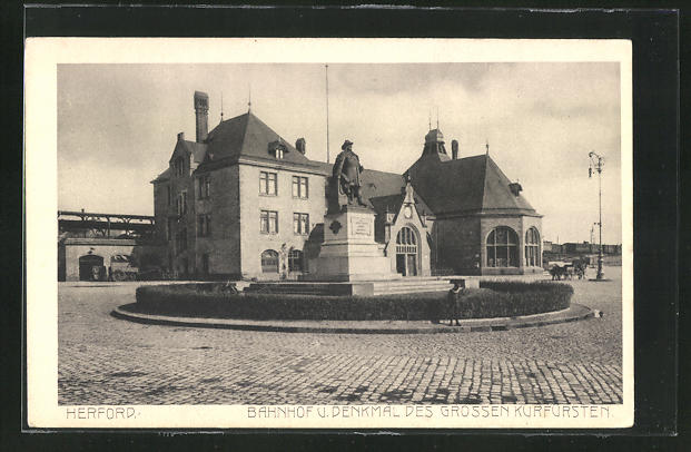 AK Herford, Bahnhof & Denkmal des grossen Kurfürsten Nr