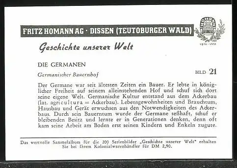 Sammelbild Fritz Homann AG, die Germanen, Germanischer Bauernhof