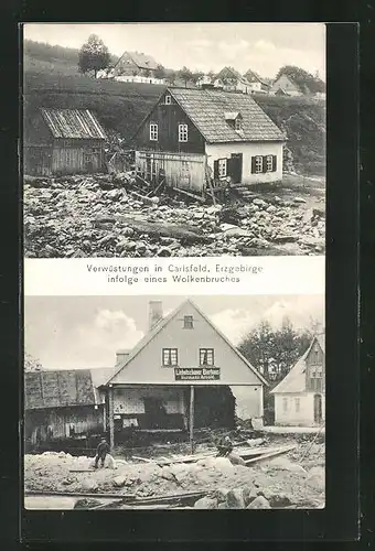 AK Carlsfeld / Erzgebirge, Gasthof Liebotschaner Bierhaus, Verwüstungen infolge eines Wolkenbruches