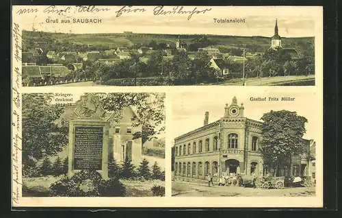 AK Saubach, Totalansicht, Kriegerdenkmal, Gasthof Fritz Müller