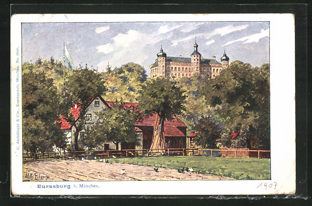 KünstlerAK Eurasburg i. Bayern, Ortsansicht mit Schloss Nr. 9822378
