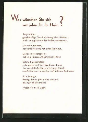 AK Was wünschen Sie sich seit jeher für ihr Heim?, Sieger-Heizungs-Herd