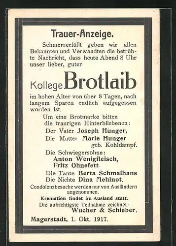 AK Ironischer Kommentar zur Kriegsnot in Gestalt einer Todesanzeige für Kollege Brotlaib