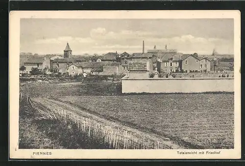 AK Piennes, Totalansicht mit Friedhof