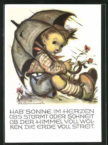 Künstler-AK Hummel: Nr. 5162, Hab` Sonne im Herzen ob`s stürmt oder schneit...