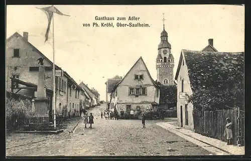 AK Ober-Saulheim, Gasthaus zum Adler mit der Kirche