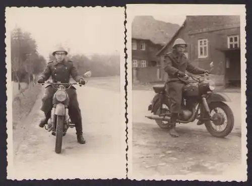2 Fotografien Motorrad MZ, NVA Kradmelder mit Stahlhelm