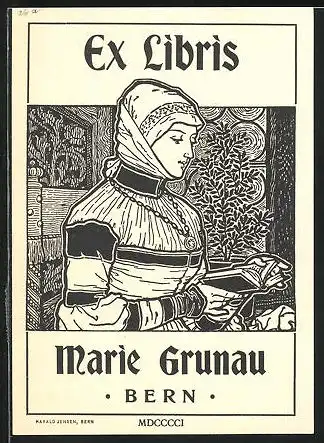 Exlibris von Harald Jensen für Marie Grunau, Bern, Schweizer Dame liest ein Buch