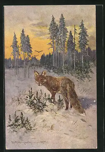 Künstler-AK M. Müller jun.: Jagdbilder, Fuchs im Winter
