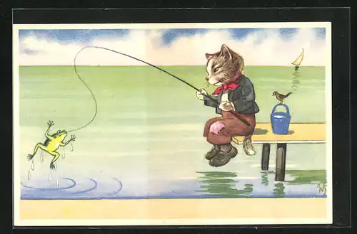 Künstler-AK Willi Scheuermann: Katze angelt einen Frosch