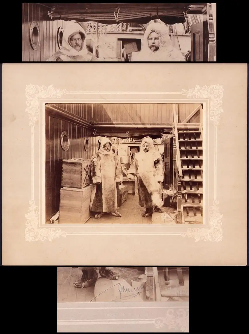 Fotografie 1901, Expedition Forscher Erich von Drygalski im Eisbärfell bei Antartkisexpedition auf dem Schiff Gauss 0