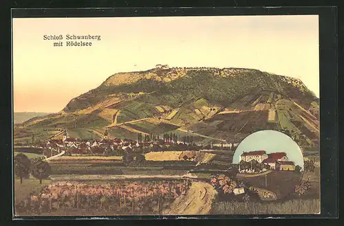 AK Rödelsee, Ortsansicht mit Schloss Schwanberg im Hintergrund