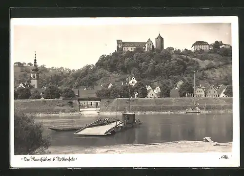 AK Rothenfels a. M., Fähre über den Fluss mit Stadt im Hintergrund