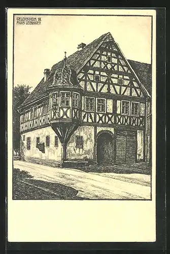 Künstler-AK Gelchsheim, Alois Leibinger, Strassenpartie mit Rathaus