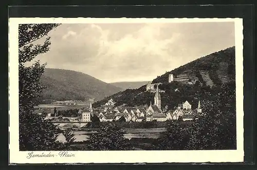 AK Gemünden / Main, Ortschaft am Berg mit Scherenburg