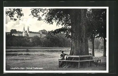 AK Lengfurt / Main, Sitzbank am Flussufer mit Blick gegen Schloss Triefenstein