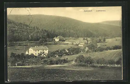 AK Lichtenau, Wohnhäuser vor bewaldeten Hügeln
