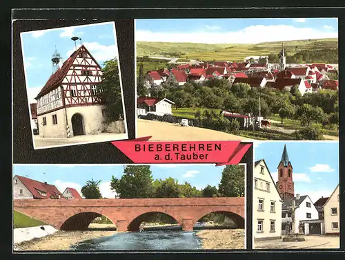 AK Bieberehren / Tauber, Kirche und Jesuskreuz, Brücke, Fachwerkhaus