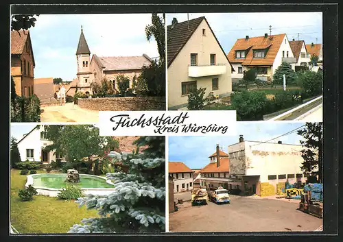 AK Fuchsstadt, Kirche, Bassin, Hof mit Lastkraftwagen