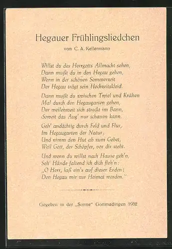 AK Gottmadingen, Liedkarte, Hegauer Frühlingsliedchen von C. A. Kellermann