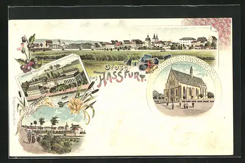 Lithographie Hassfurt, Totalansicht, Wildbad, Allee mit Spaziergängern, Ritter-Kapelle