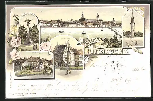 Lithographie Kitzingen a. M., Königsplatz, Falterturm, Rathaus