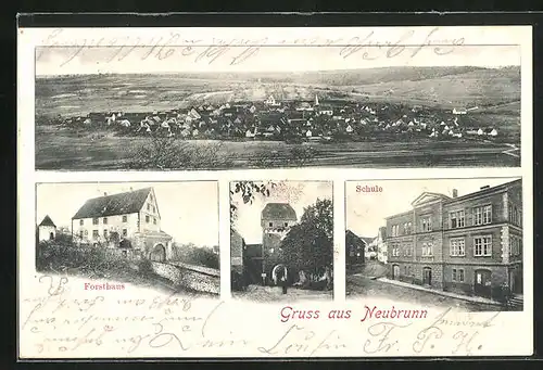 AK Neubrunn, Ortsansicht, Fortsthaus und Schule