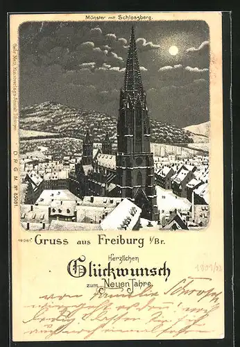 Winter-Lithographie Freiburg i. Br., Münster mit Schlossberg