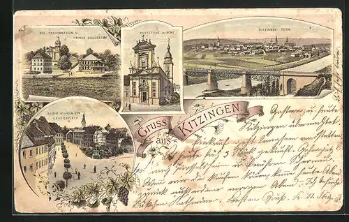 Lithographie Kitzingen a. M., Kaiser Wlhelm Strasse und Königsplatz, Prot. Kirche