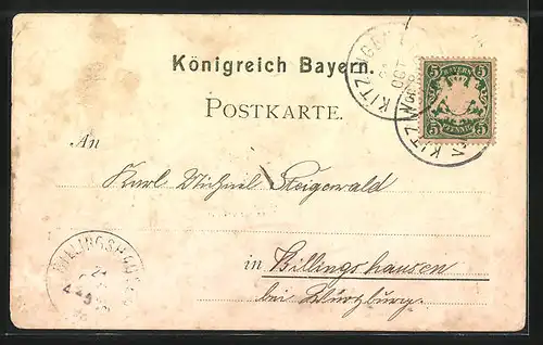 Lithographie Kitzingen a. M., Kaiser Wlhelm Strasse und Königsplatz, Prot. Kirche