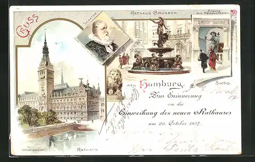 Lithographie Hamburg, Einweihung des neuen Rathauses 1897, Eingang zum Gasthaus Ratsweinkeller mit Bacchus, Senator