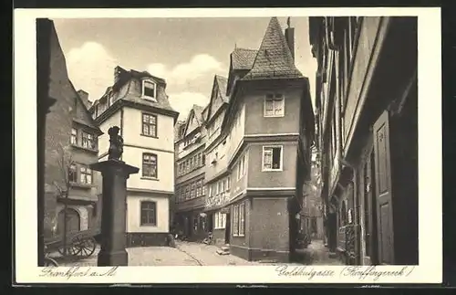 AK Alt-Frankfurt, Goldhutgasse Fünffingereck mit Geschäft und Denkmal