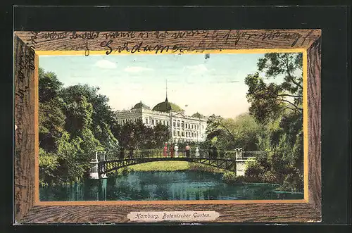 Passepartout-AK Hamburg-St. Pauli, Botanischer Garten mit Besuchern auf der Brücke