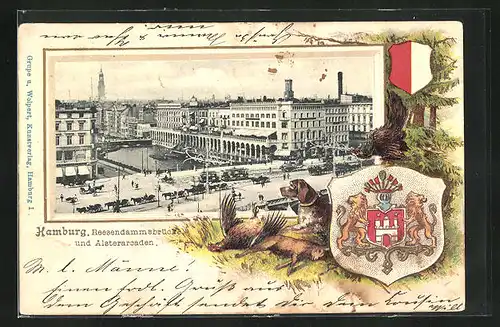 Passepartout-Lithographie Hamburg, Reesendammsbrücke und Alsterarcaden mit Wappen