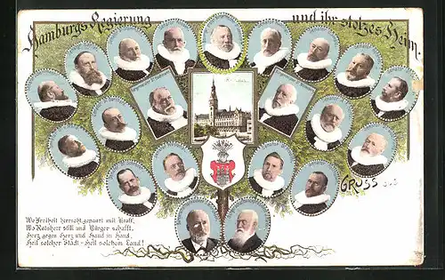 Lithographie Hamburg, Hamburgs Regierung und ihr stolzes Heim, Rathaus, Stadtwappen