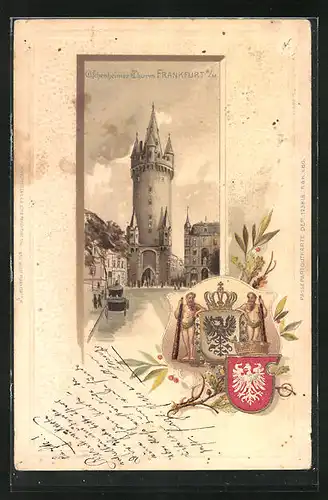 Passepartout-Lithographie Frankfurt, Eschenheimer Turm, Strassenpartie, Stadtwappen