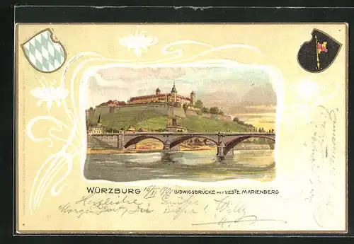 Passepartout-Lithographie Würzburg, Ludwigsbrücke mit Veste Marienberg, Wappen