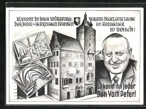 Künstler-AK Würzburg, Gasthaus Ratskeller, Innenansicht, Peter Vaitl