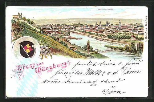 Lithographie Würzburg, Mainpartie und Wappen