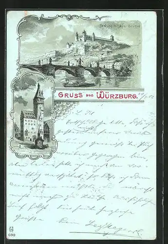 Lithographie Würzburg, Festung mit alter Brücke, Rathaus