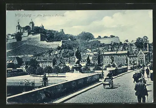 AK Würzburg, Alte Brücke und Festung, Mainufer