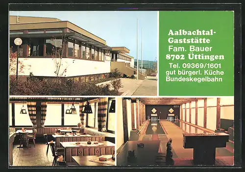 AK Uettingen, Kegelbahn des Aalbachtal-Gasthauses und Aussenansicht